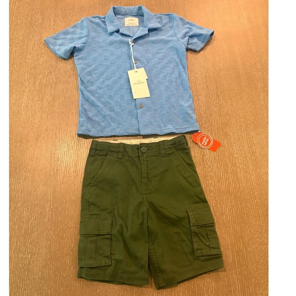 Craft + Flow Boys lot Size 5 Blue Check Up + Wonder Nation Cargo‎ Shorts 7 NWT